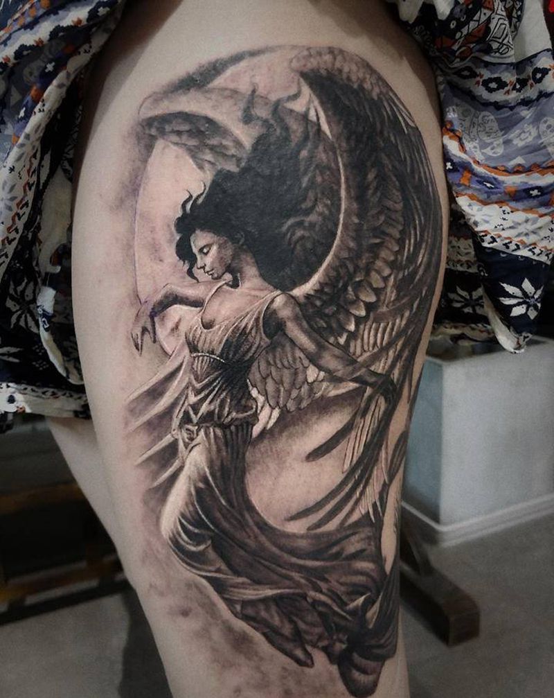 大天使纹身图片_腿部欧美写实纹身图案