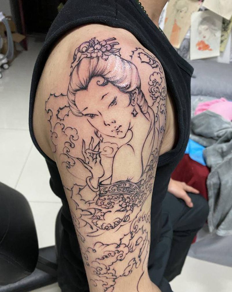 仕女图纹身图片_手臂新传统纹身图案