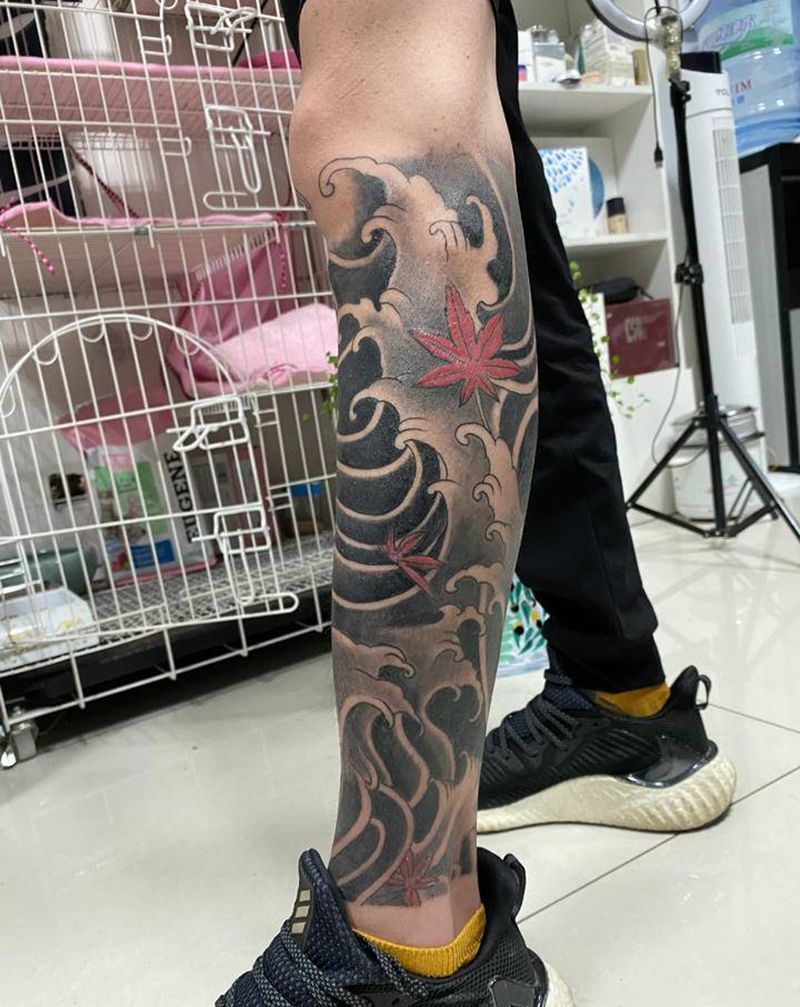 浪花包小腿纹身图片_腿部老传统纹身图案