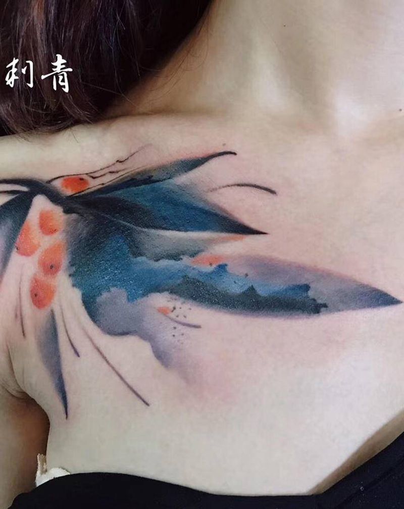 沙棘纹身图片_水墨纹身图案