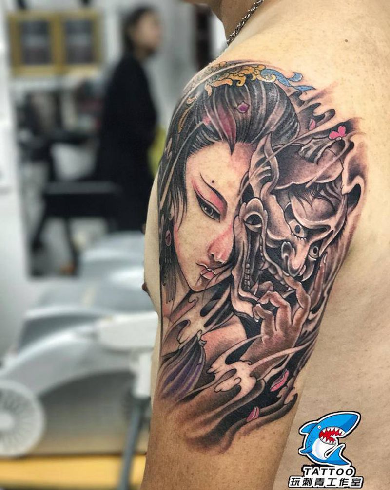 艺妓纹身图片_手臂新传统纹身图案