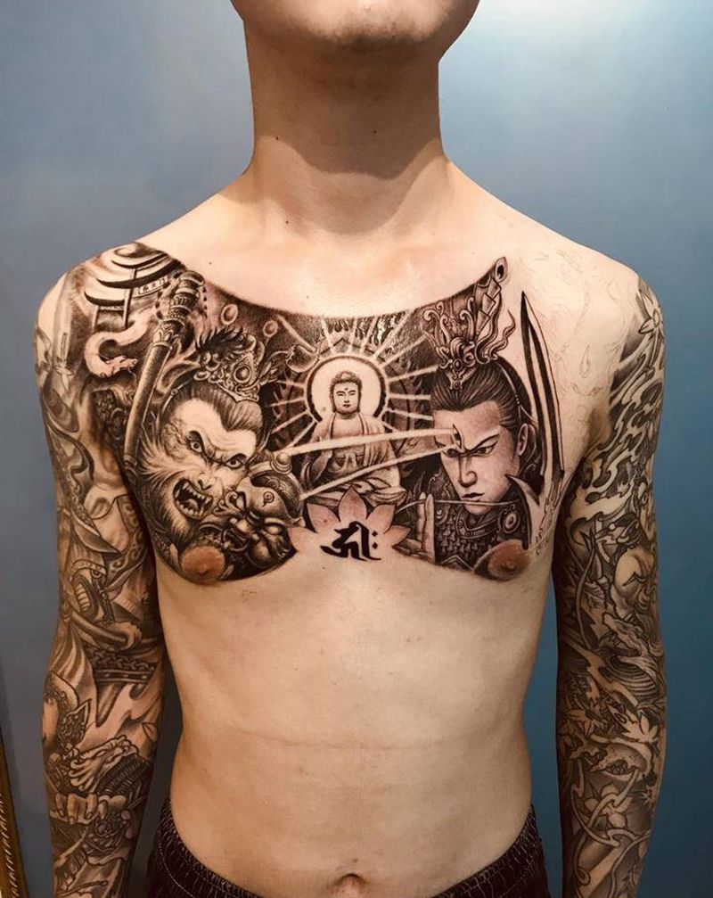 花胸 还有一次完成纹身图片_胸部新传统纹身图案