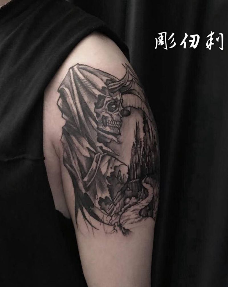 骷髅堡纹身图片_手臂纹身图案