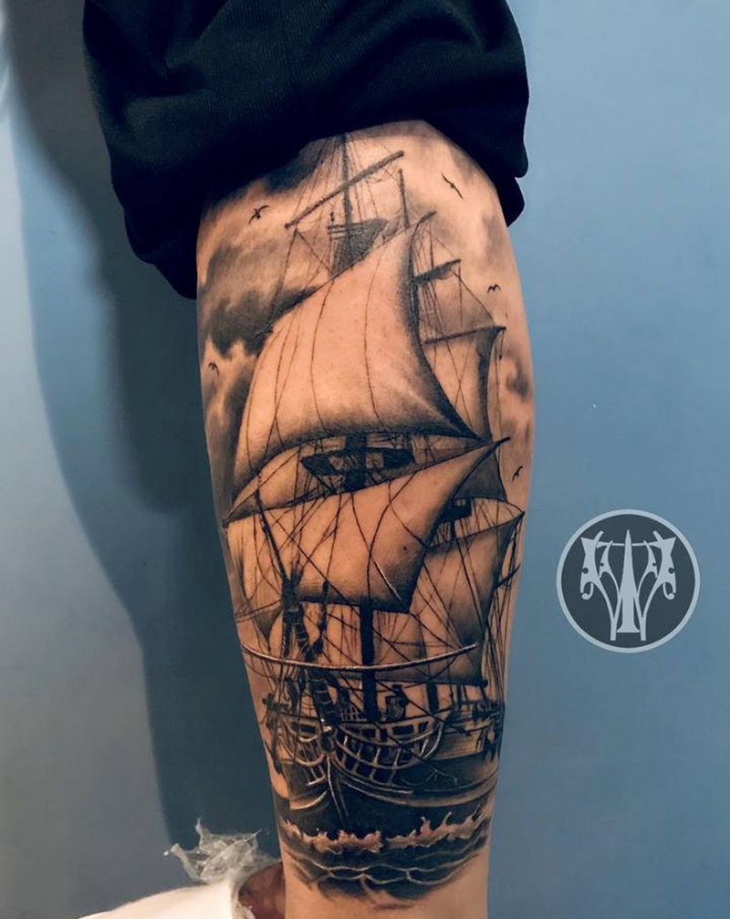 乘风破浪纹身图片_腿部欧美写实纹身图案