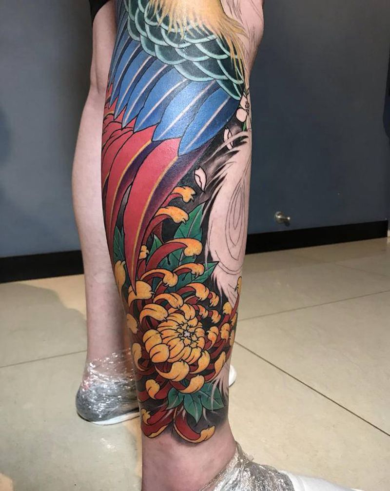 连续纹第六天 今天七个小时纹身图片_腿部新传统纹身图案