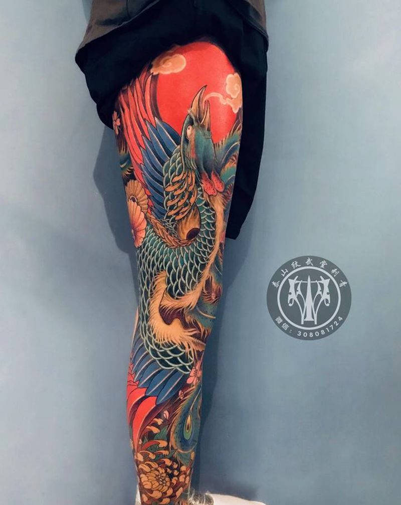 新传统风格 凤凰纹身图片_腿部新传统纹身图案