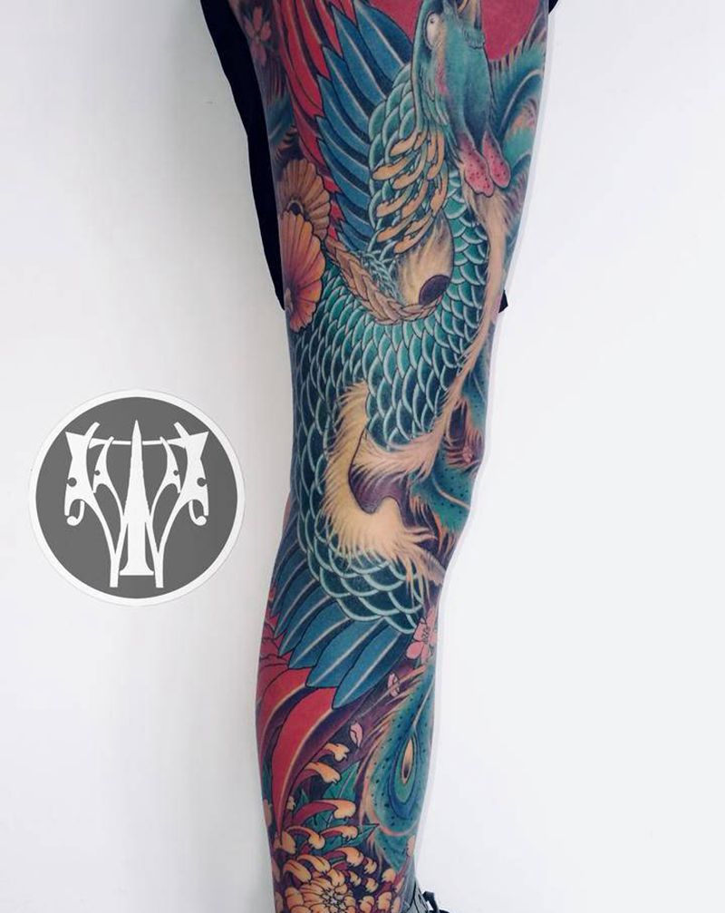 顾客返图  凤凰恢复后效果纹身图片_腿部新传统凤凰纹身图案