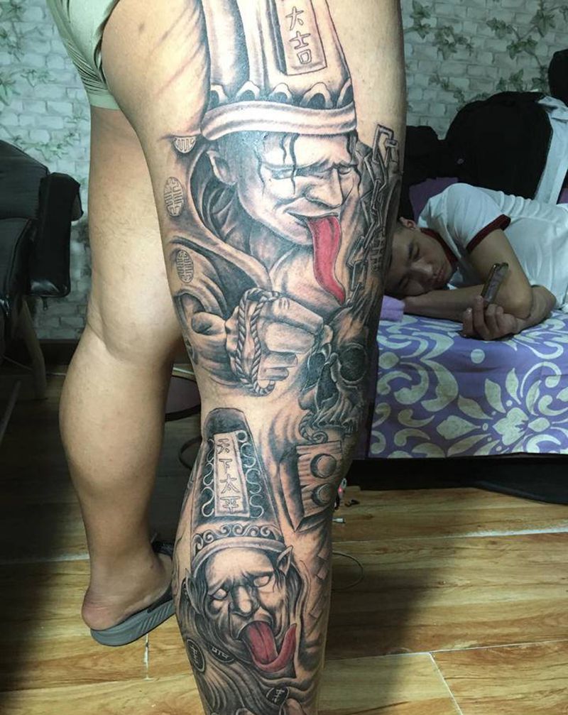 阴曹地府纹身图片_腿部新传统纹身图案