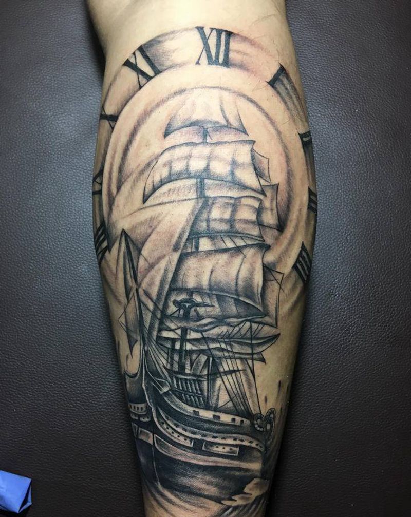 帆船纹身图片_腿部新传统纹身图案