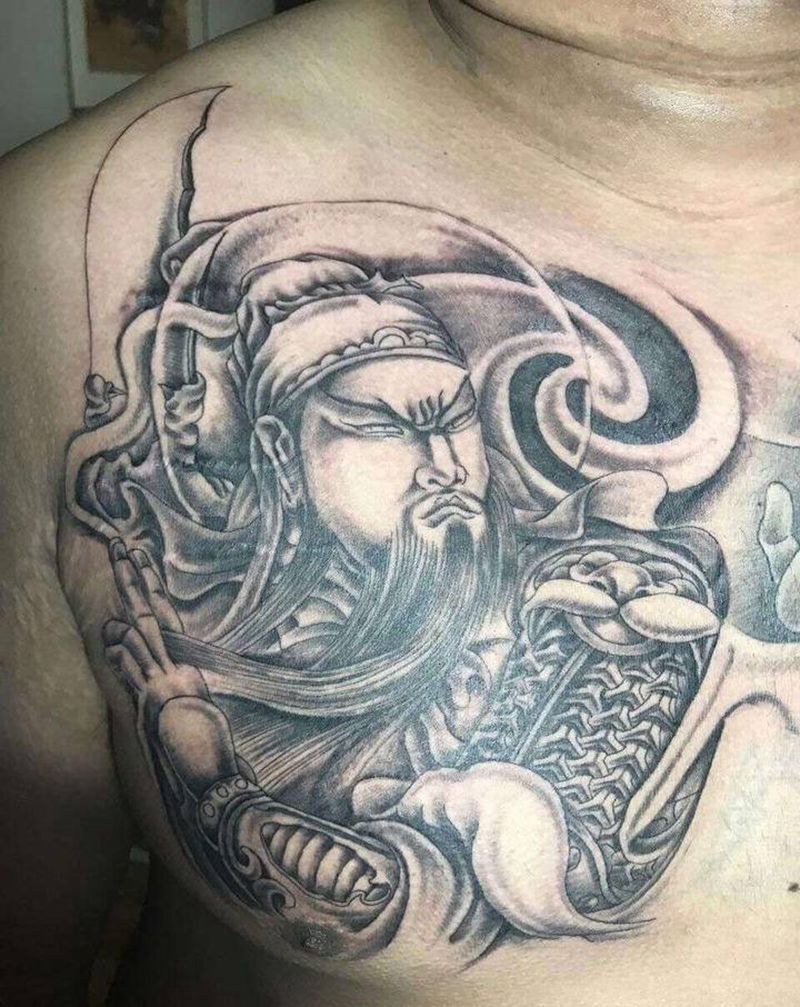 关二爷纹身图片_胸部纹身图案