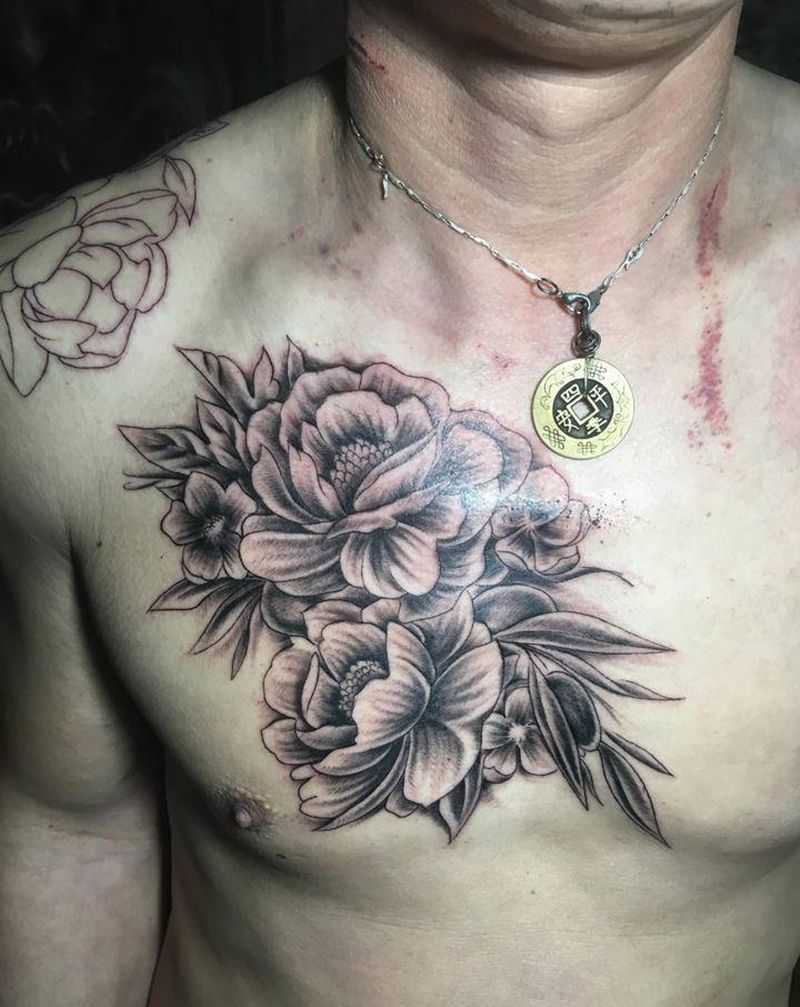 牡丹纹身图片_胸部纹身图案