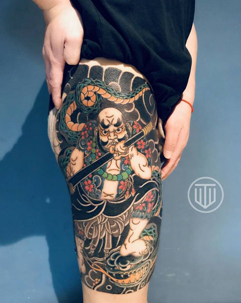 花和尚纹身图片_腿部老传统纹身图案