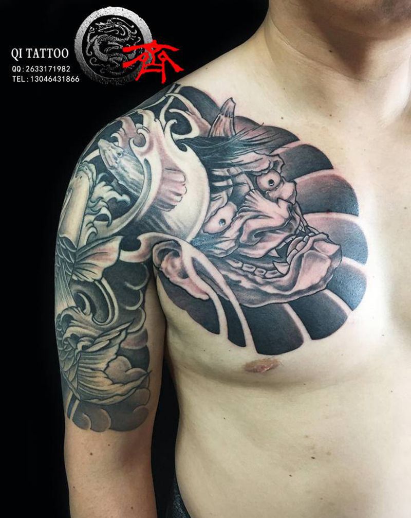 日式 半甲纹身图片_胸部肩部老传统日式纹身图案