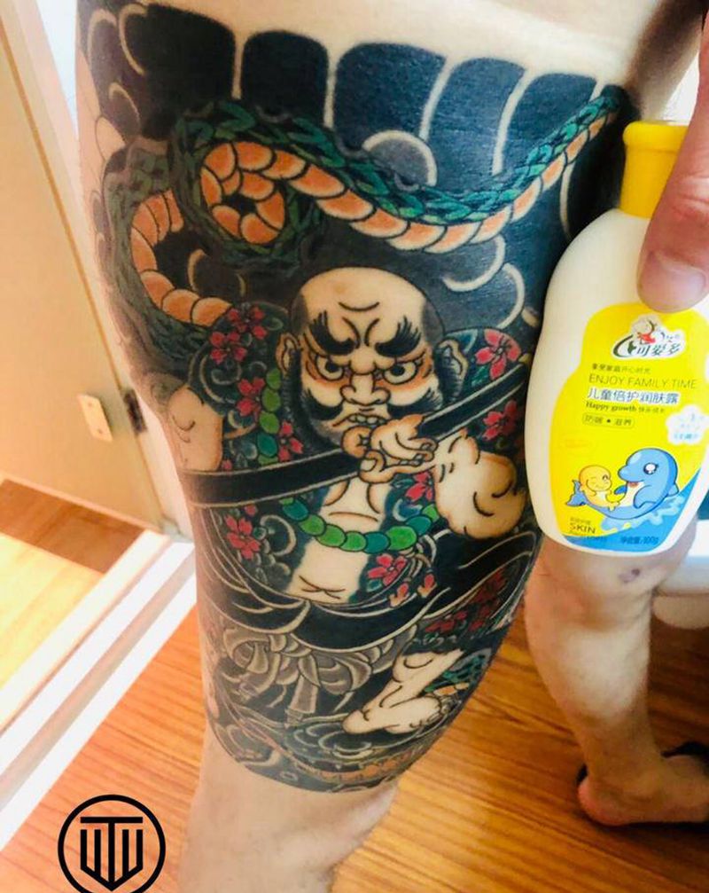 广州顾客恢复后效果 买家秀纹身图片_腿部老传统鲁智深纹身图案