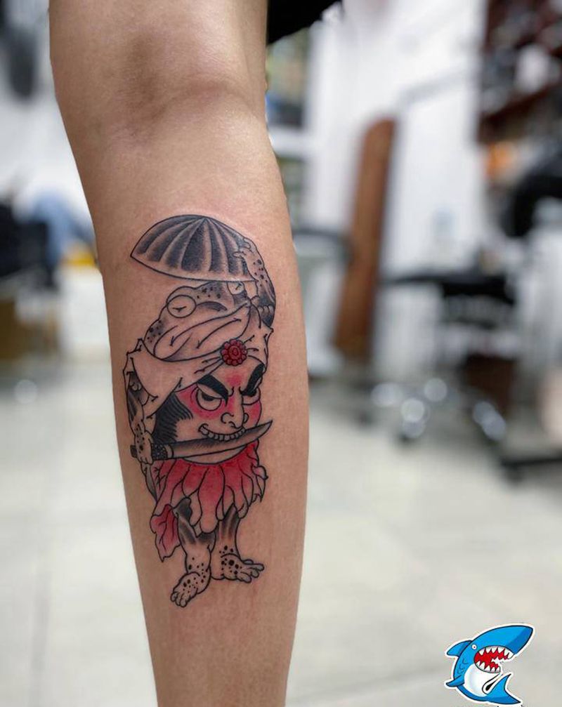 青蛙侠客纹身图片_腿部老传统纹身图案