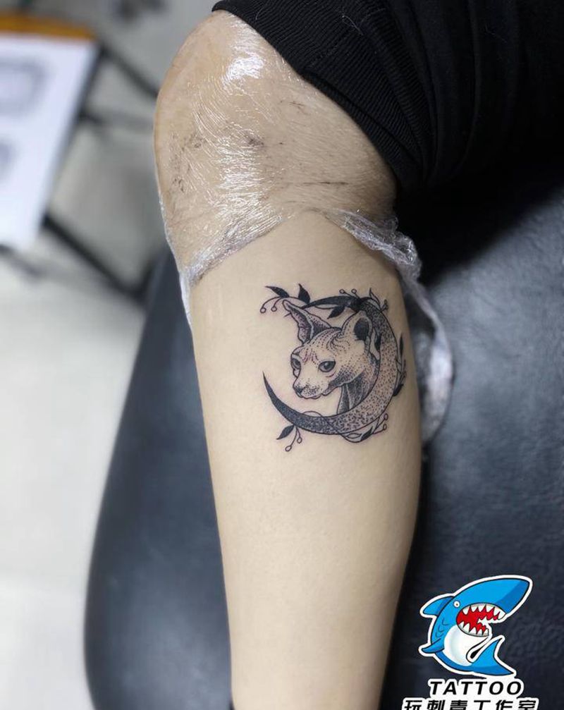 小猫咪纹身图片_腿部图腾点刺纹身图案