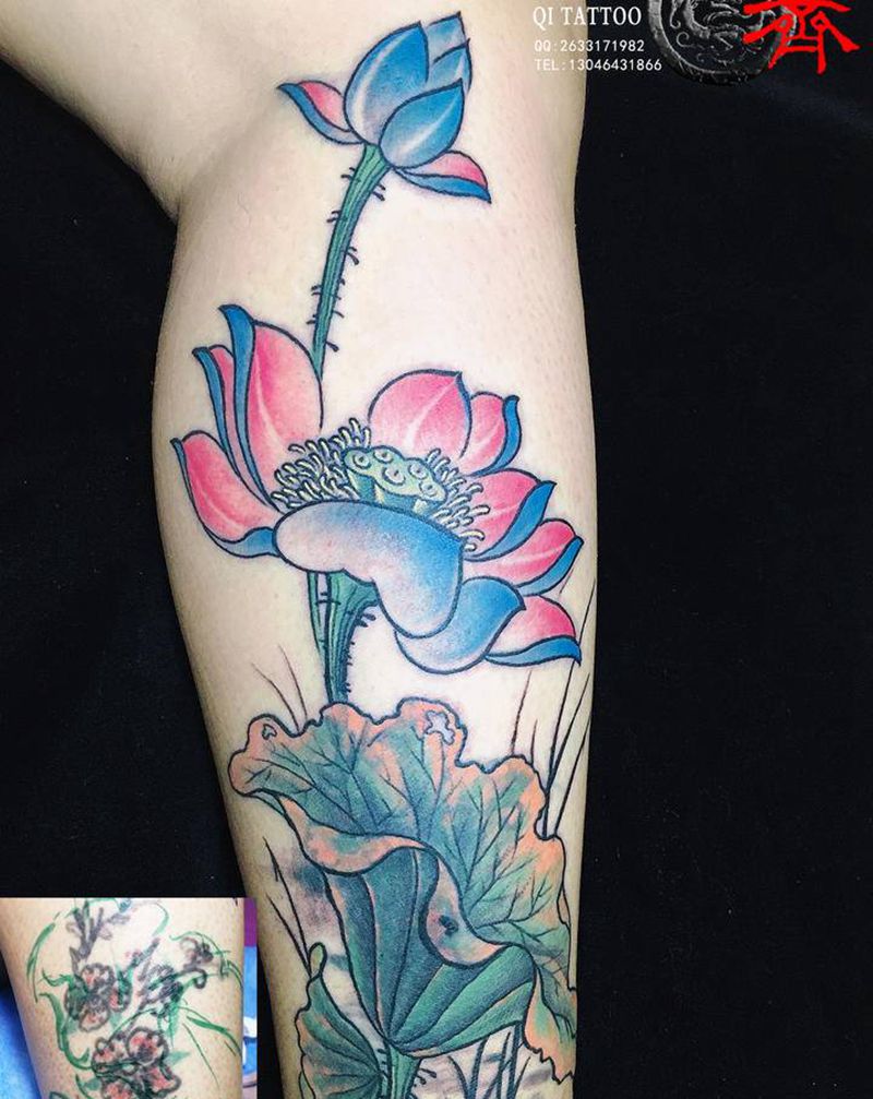 荷花  老图遮盖纹身图片_腿部新传统荷花  遮盖纹身图案