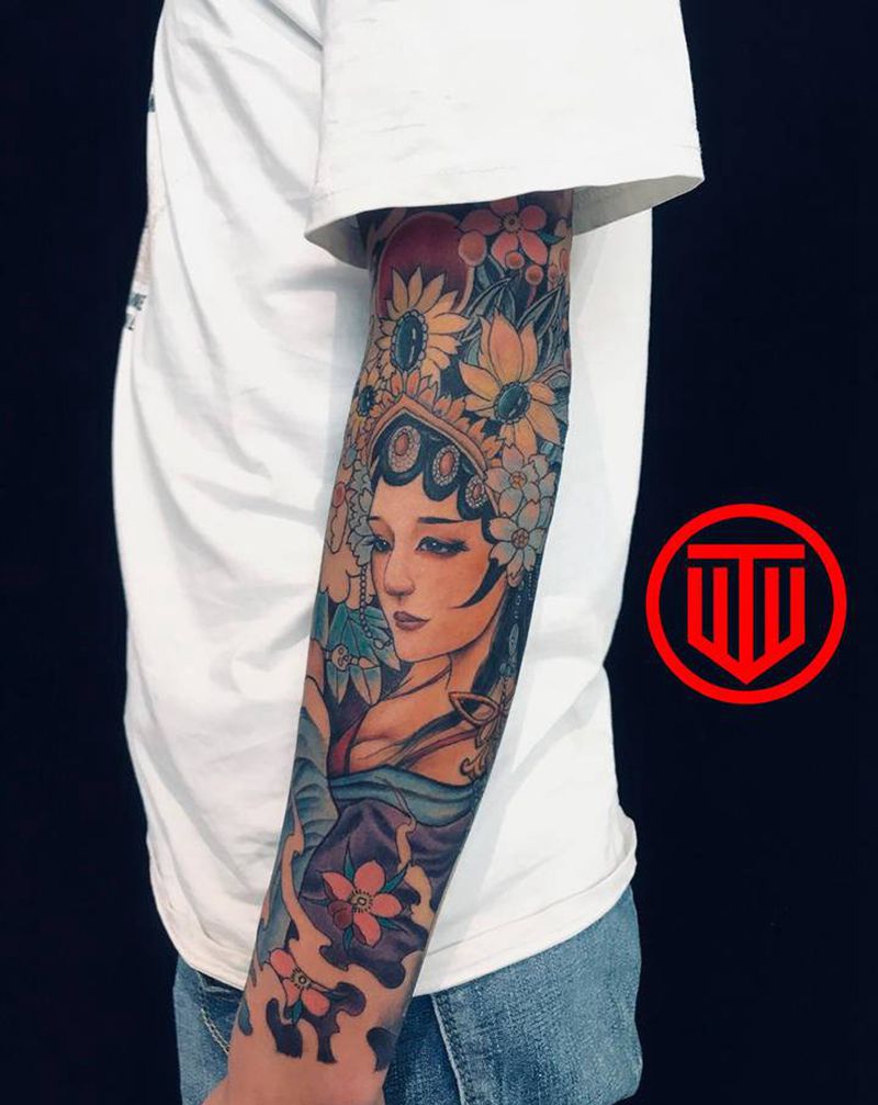 花旦纹身图片_手臂新传统纹身图案