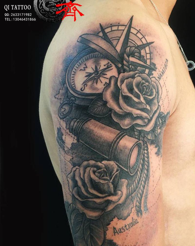 欧美指南针纹身图片_手臂欧美写实纹身图案