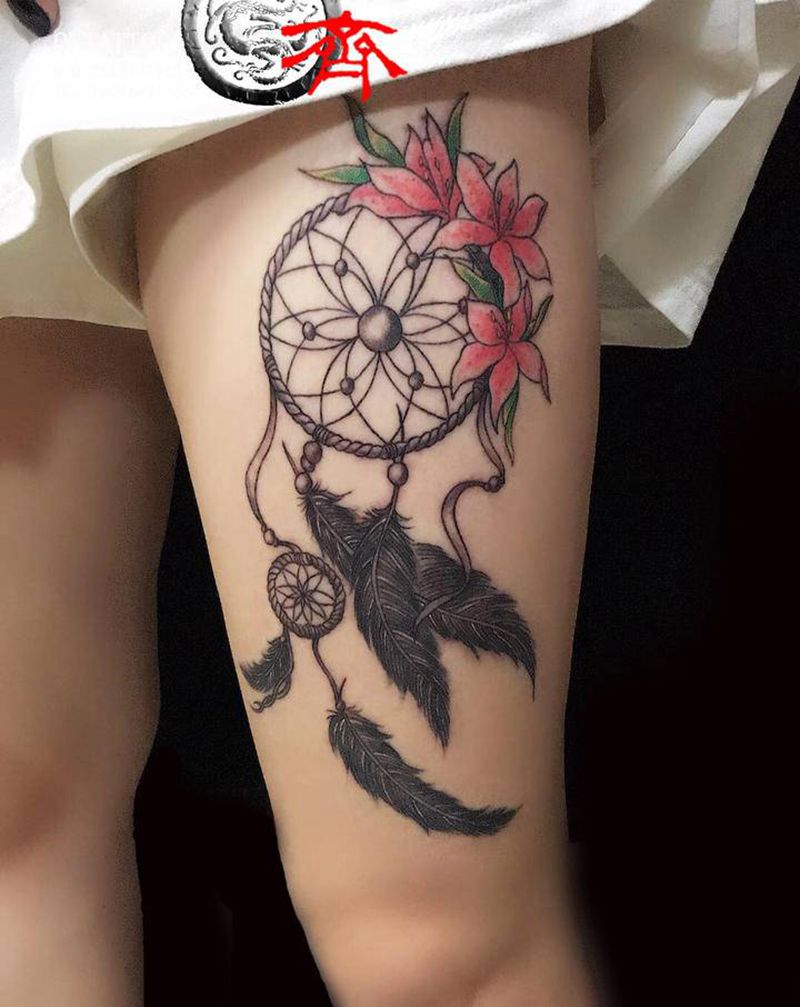 捕梦网纹身图片_腿部欧美写实New School捕梦网纹身图案