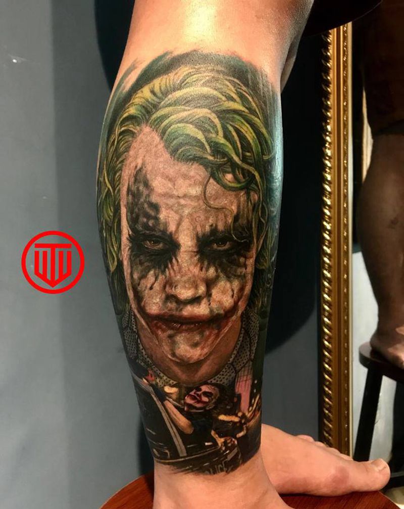 Joker 希斯莱杰纹身图片_腿部欧美写实纹身图案