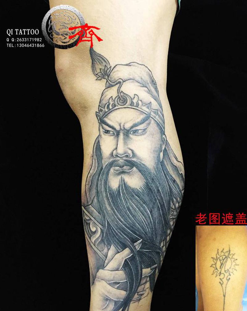 关公纹身图片_腿部新传统遮盖纹身图案