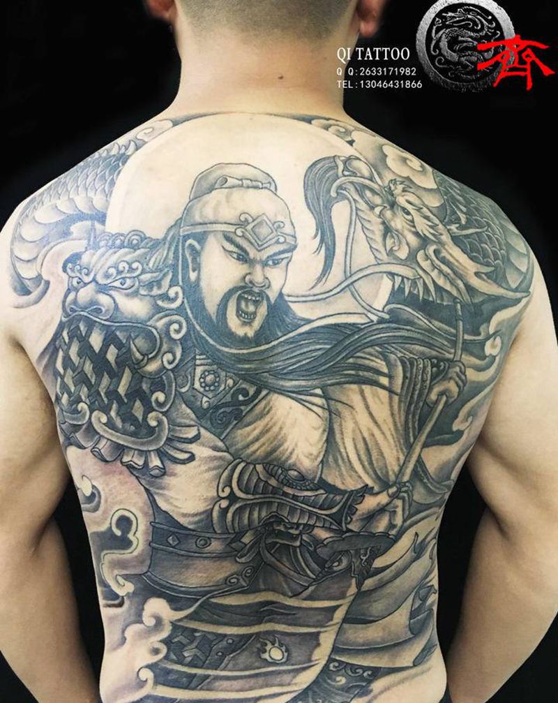 关公纹身图片_背部老传统关公满背纹身图案