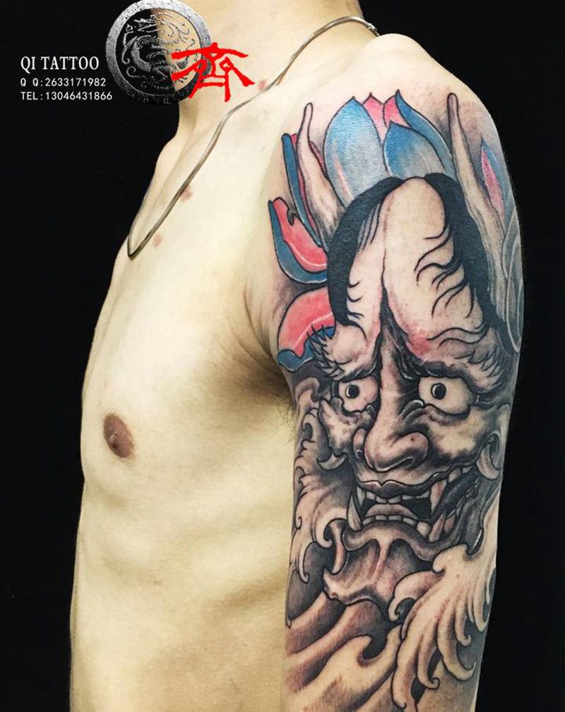 大臂般若纹身图片_手臂新传统般若纹身图案