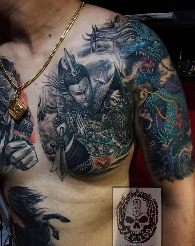 二郎真君纹身图片_肩部胸部纹身图案