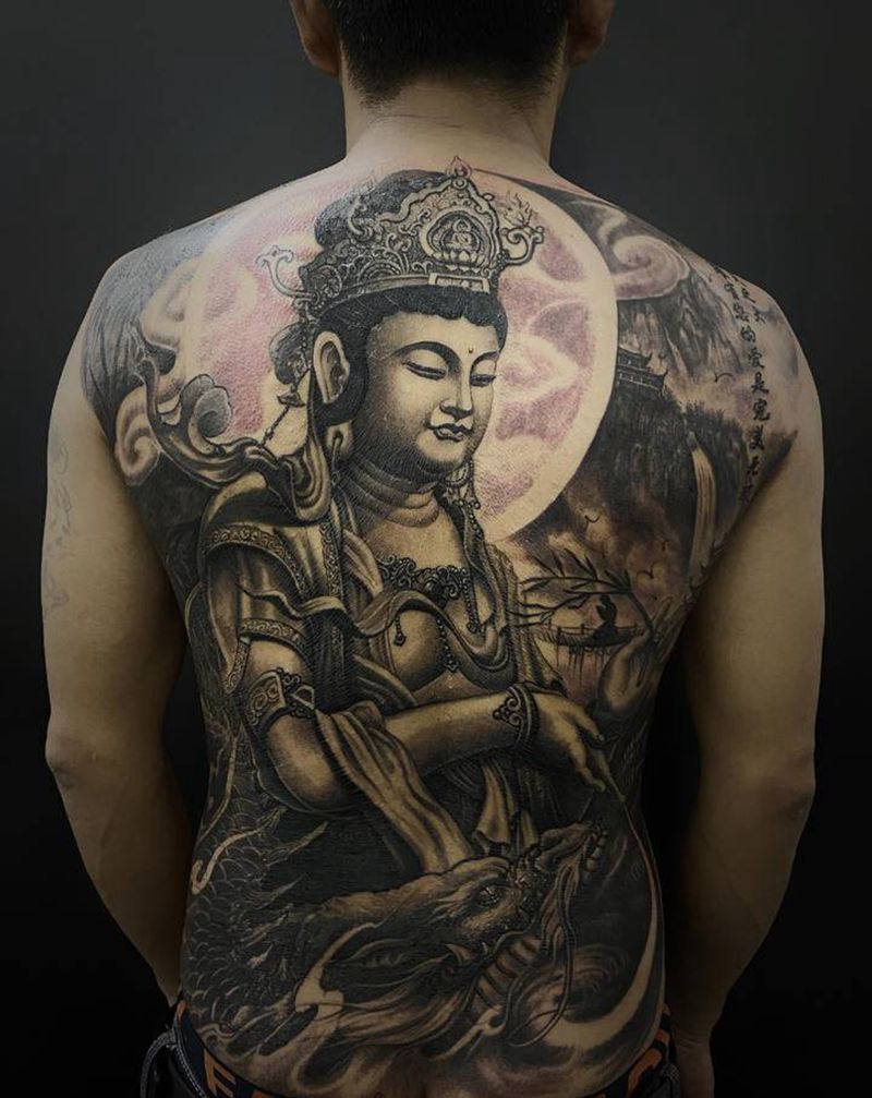 观音菩萨纹身图片_背部腰部老传统新传统观音纹身图案