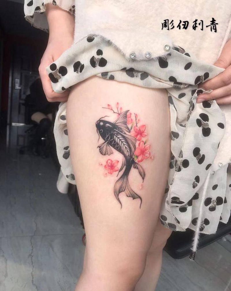 樱花鲤鱼纹身图片_腿部纹身图案