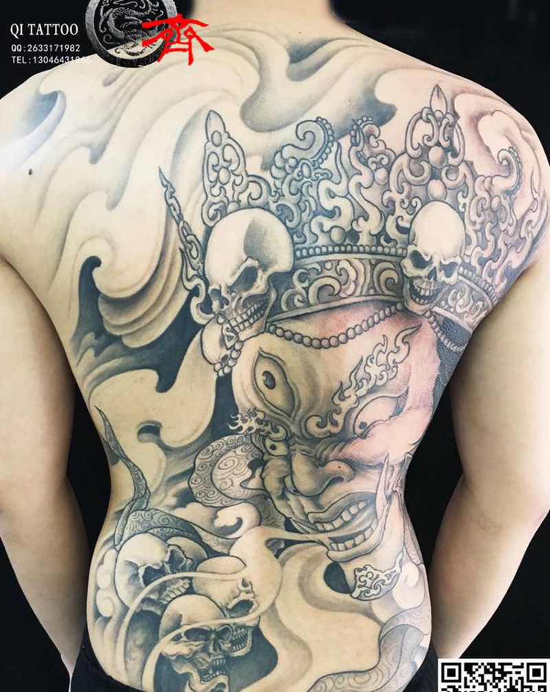满背大黑天纹身图片_背部新传统纹身图案
