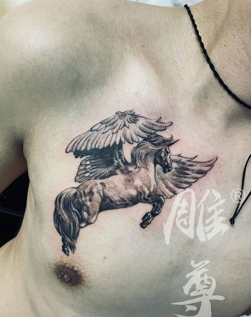 独角兽纹身图片_胸部纹身图案