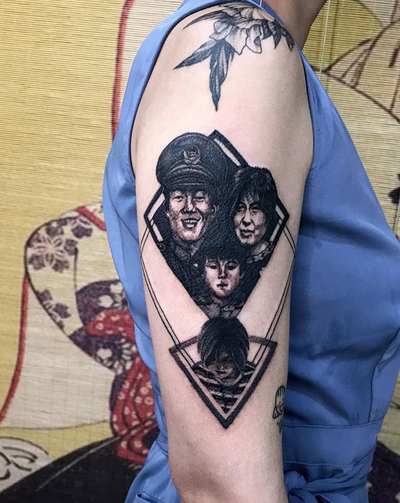 订制，虚拟了一幅全家福上身。纹身图片_手臂肖像纹身图案