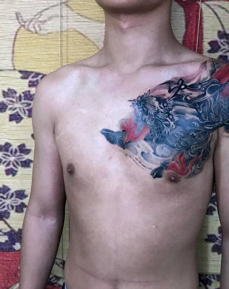 私人订制火麒麟完成纹身图片_肩部胸部新传统火麒麟纹身图案