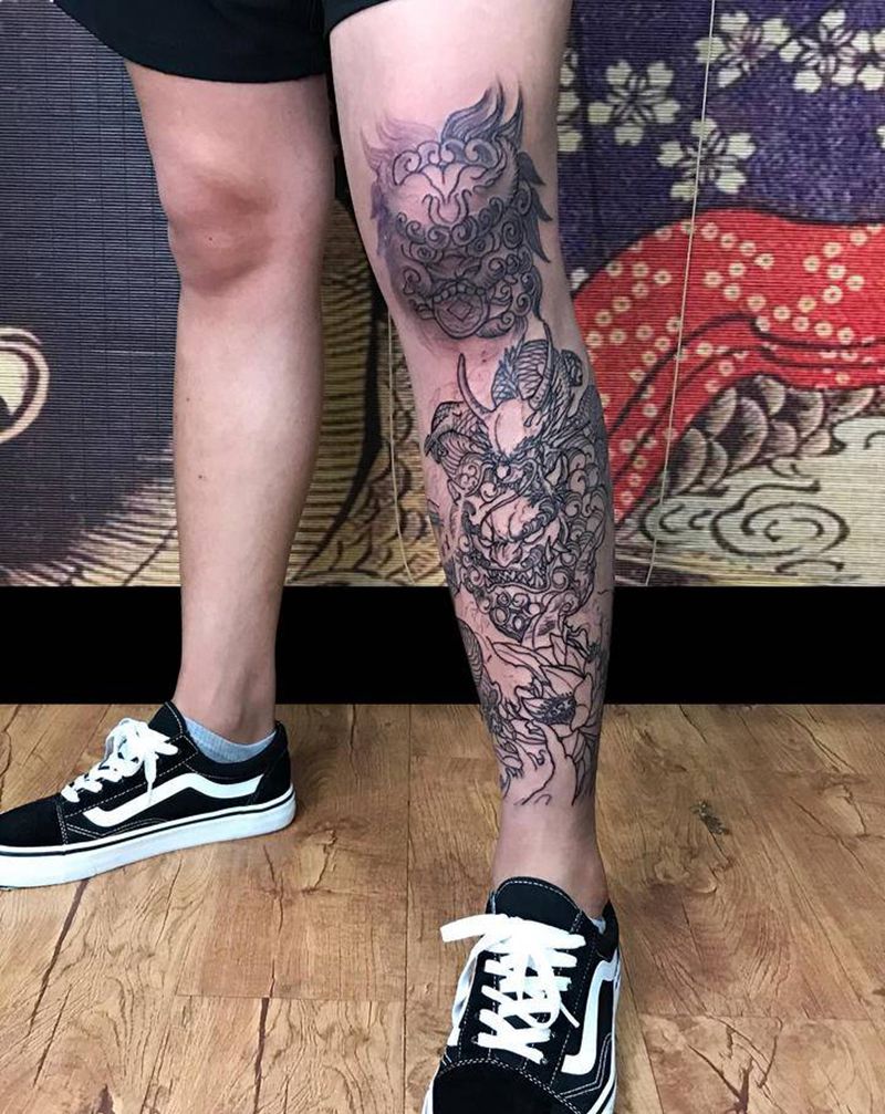 包小腿第一回合纹身图片_腿部新传统龙唐狮纹身图案