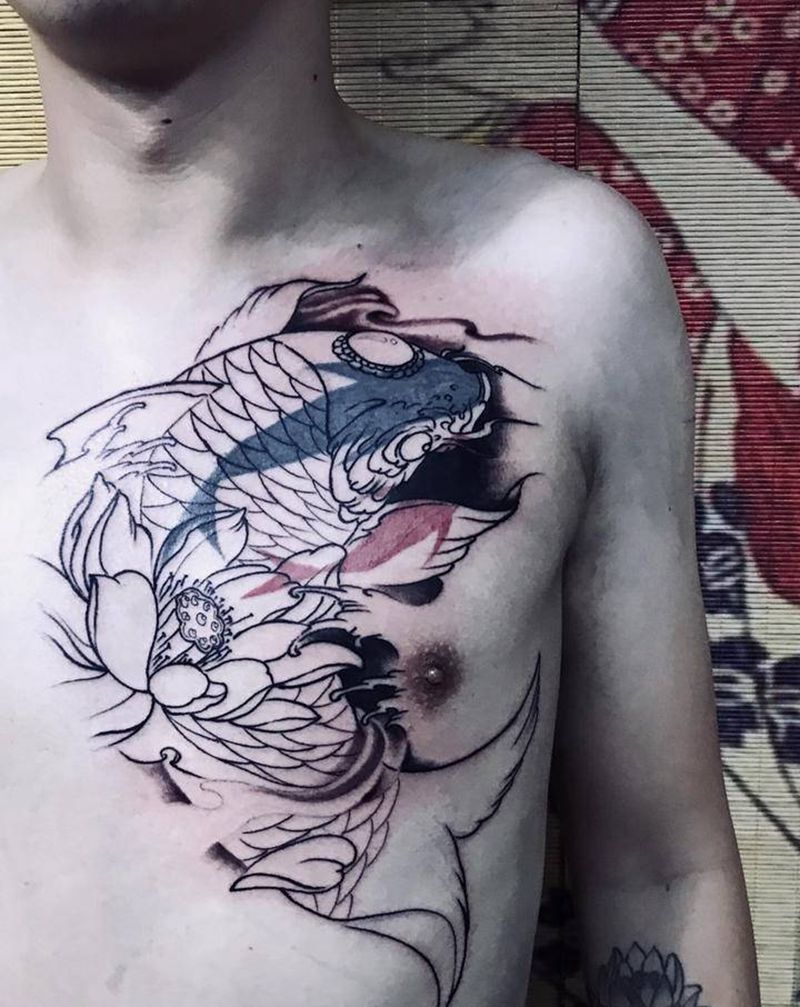 大鱼遮小鱼，走线部分结束。纹身图片_胸部新传统鱼纹身图案
