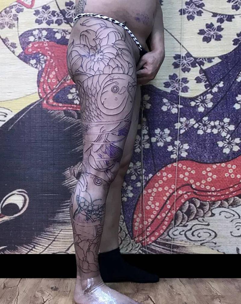 双鱼组走线完成纹身图片_腿部新传统鱼纹身图案