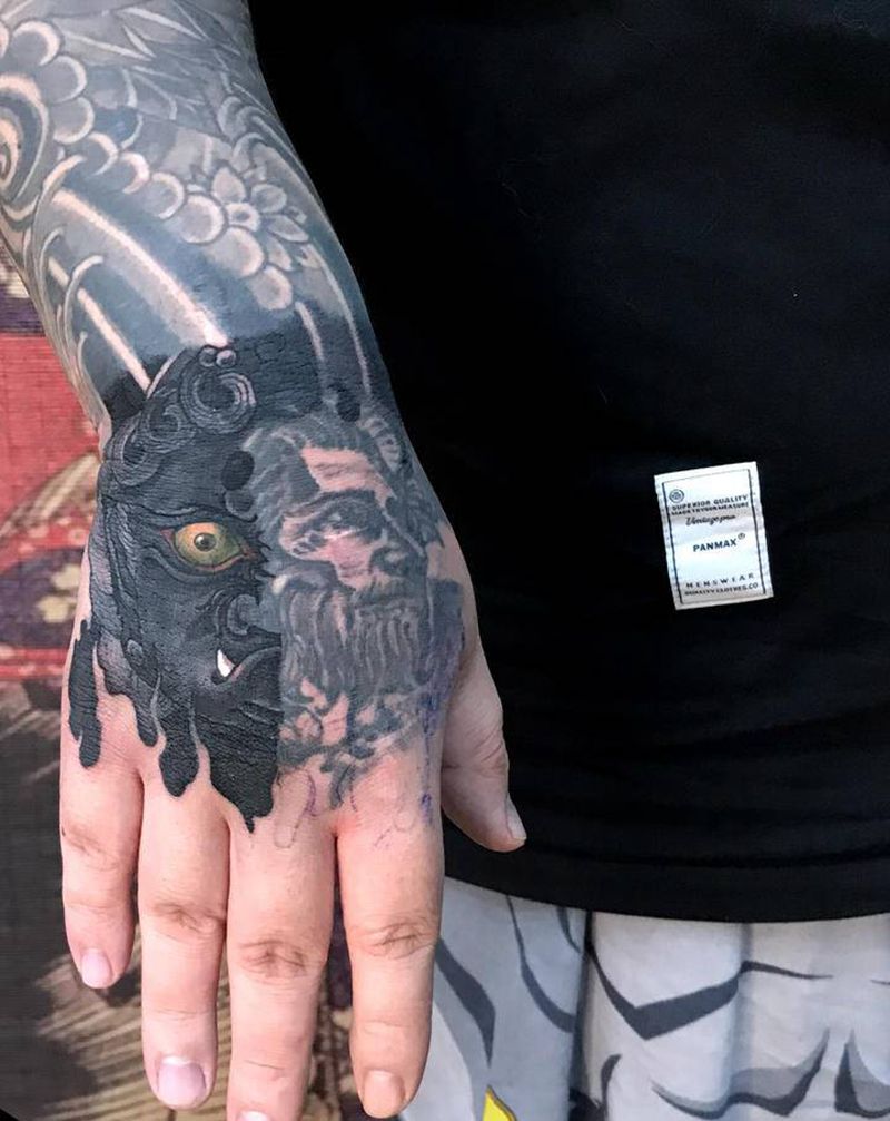 手面纹身图片_手部新传统不动明王纹身图案