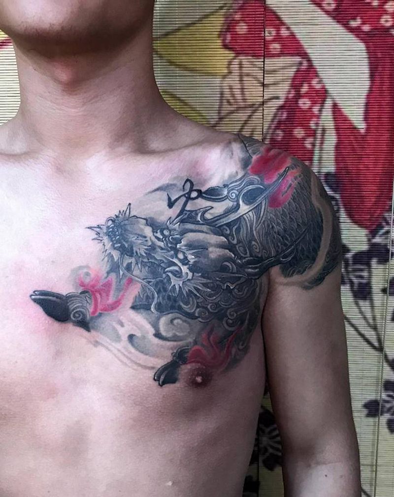 私人订制火麒麟，恢复后效果。纹身图片_肩部胸部新传统火麒麟纹身图案