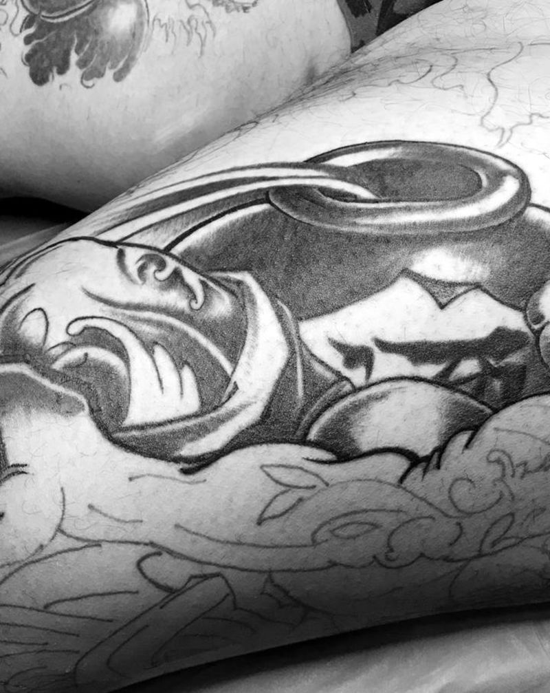 打虎进度纹身图片_腿部新传统武松纹身图案