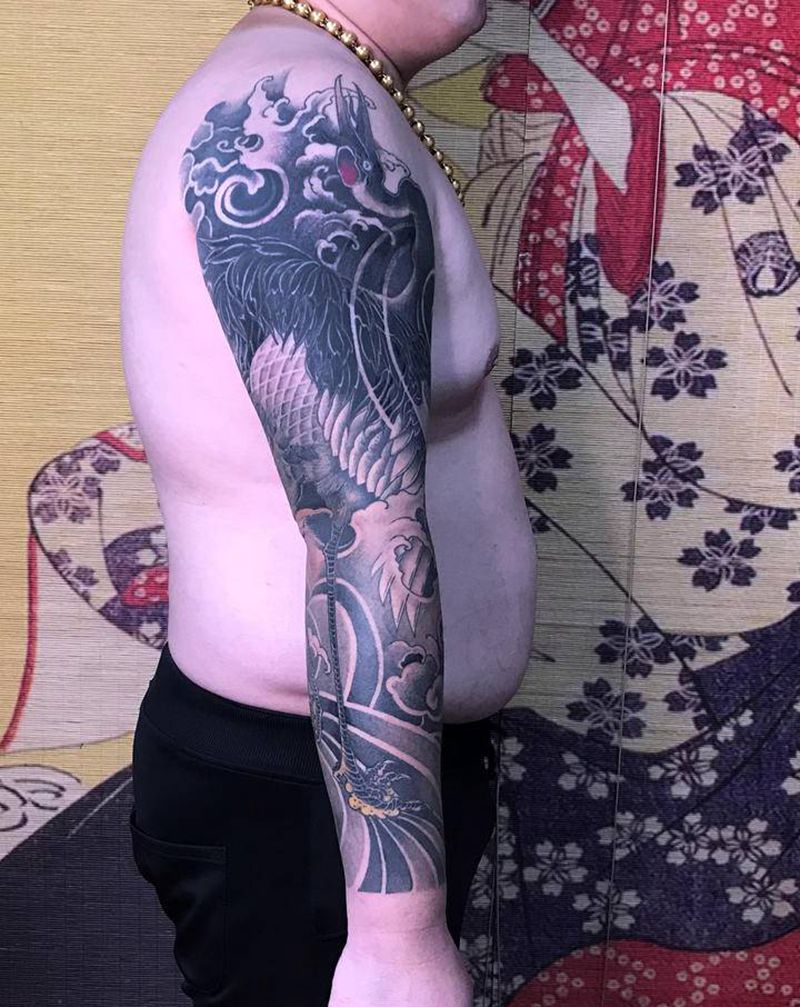 遮盖，大鹤花臂恢复效果。纹身图片_手臂新传统老传统鹤纹身图案