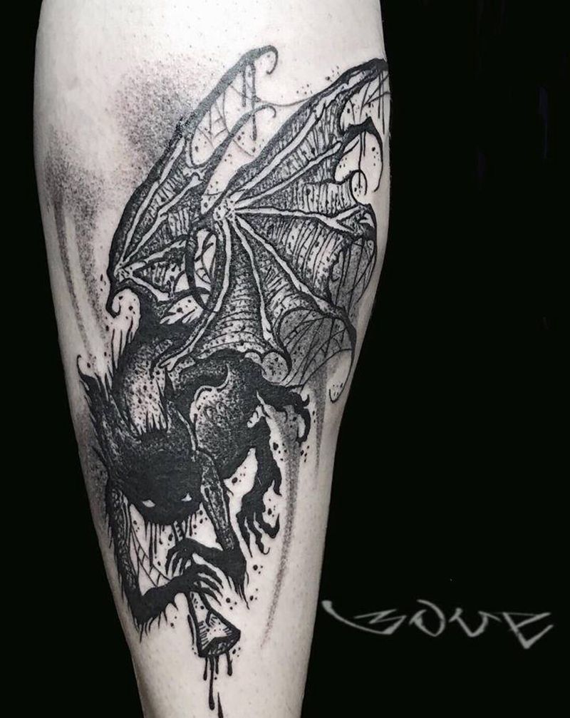 blackwork，by面汤纹身图片_腿部纹身图案