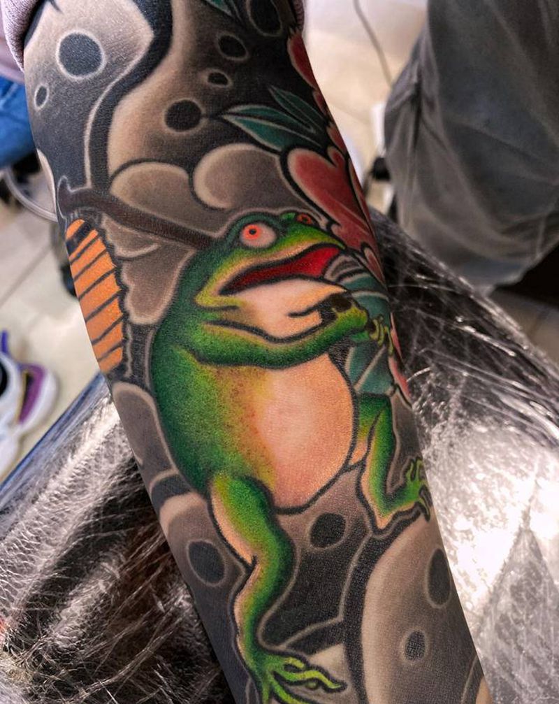 日式老传统花臂局部（未完）纹身图片_手部手臂老传统新传统蛤蟆灯笼蛙纹身图案