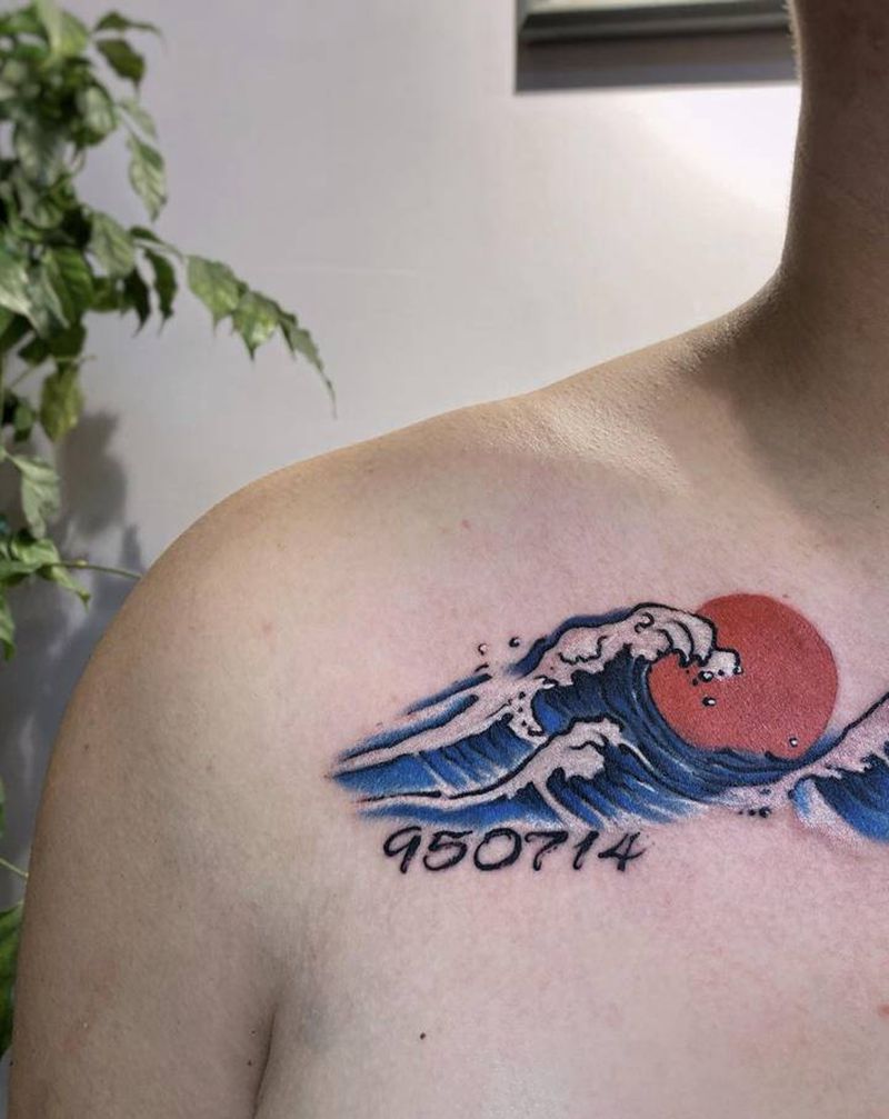 海浪纹身图片_肩部胸部水彩花体字海浪浪花山海纹身图案