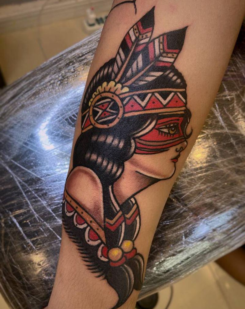 old school纹身图片_手臂手部Old School老传统美女印第安女郎复古纹身图案