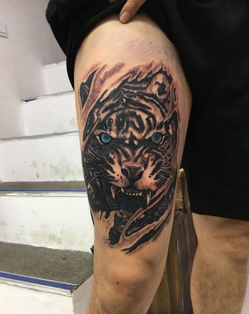 虎头纹身图片_腿部欧美写实纹身图案