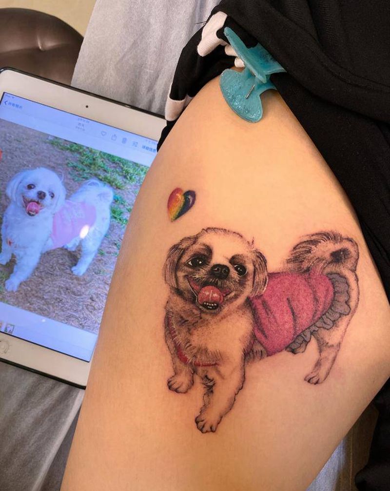 狗狗纹身图片_腿部脚部点刺小清新狗狗爱心纹身图案