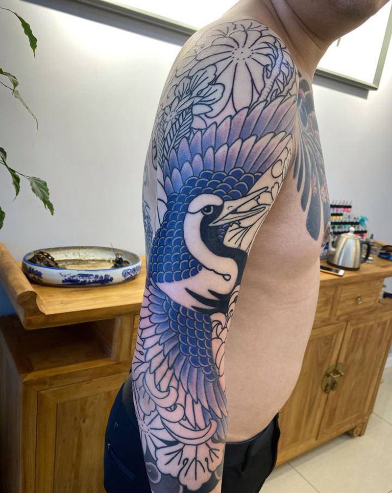 鹤（未完待续）纹身图片_肩部手臂老传统新传统仙鹤鹤花臂纹身图案