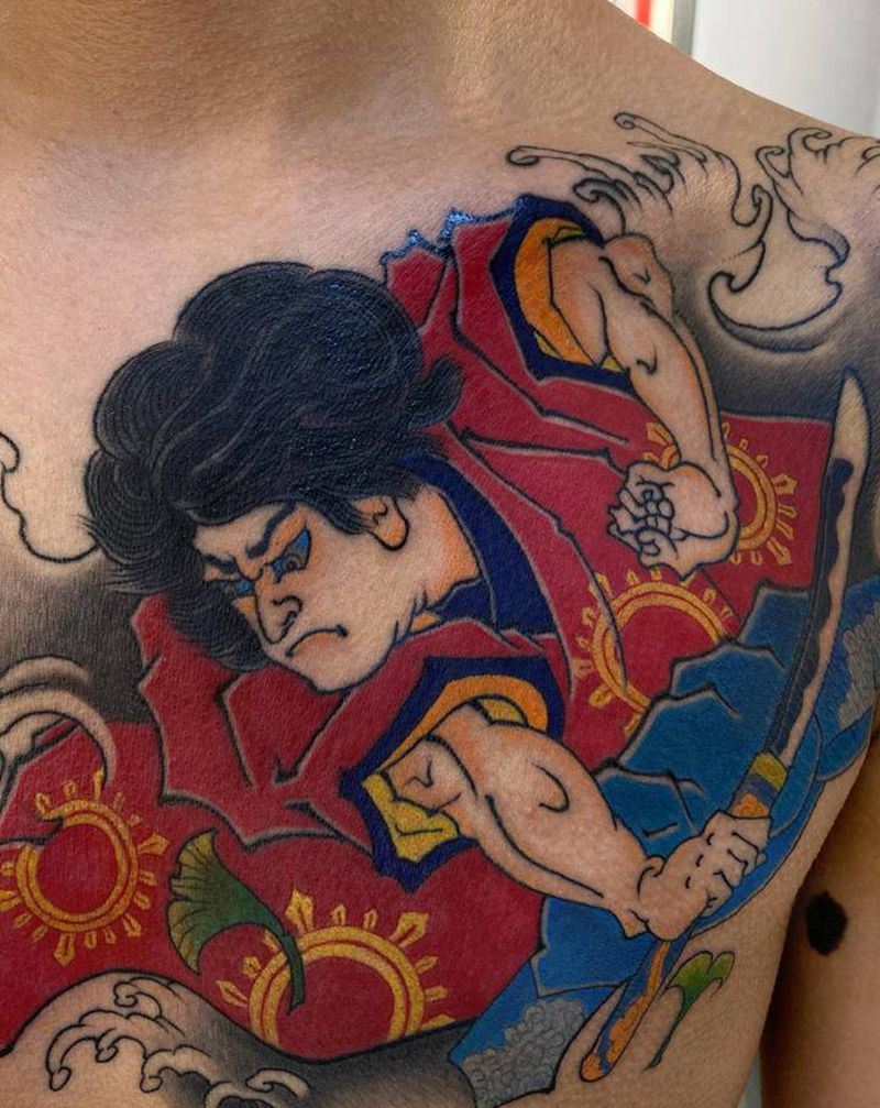 鬼若丸纹身图片_胸部肩部老传统鬼若丸鬼若丸杀鲤日式老传统纹身图案